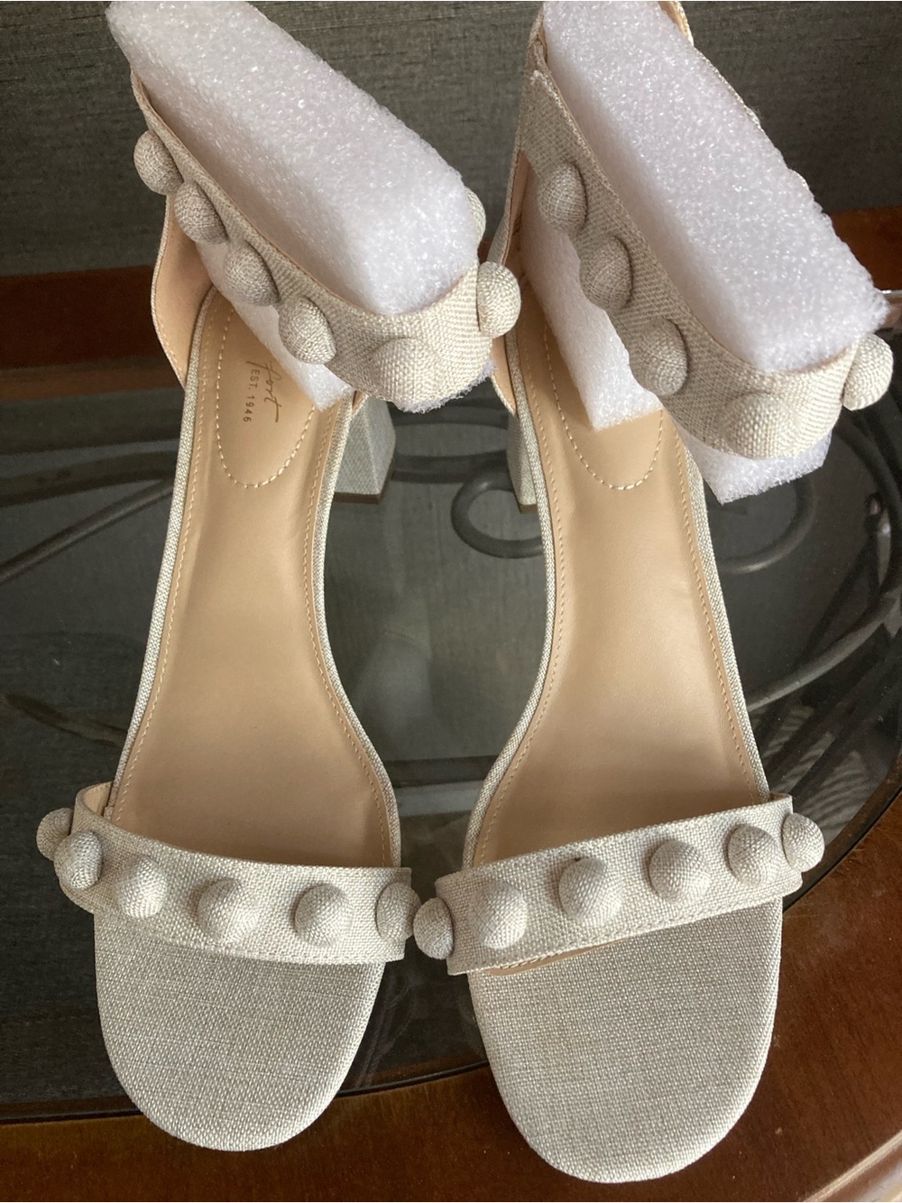 Cato Cream Textured Bead-Trim Block Heel Sandals